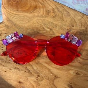 Round red sunglasses with pink purple rhinestones and gemstones